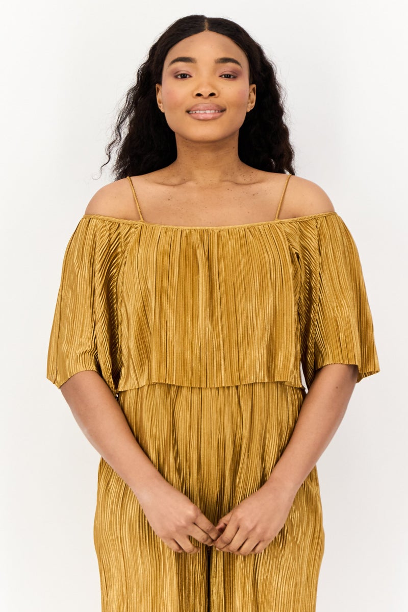 ONLY Women Textured Short Sleeves Jumpsuit, Tan - Image 3